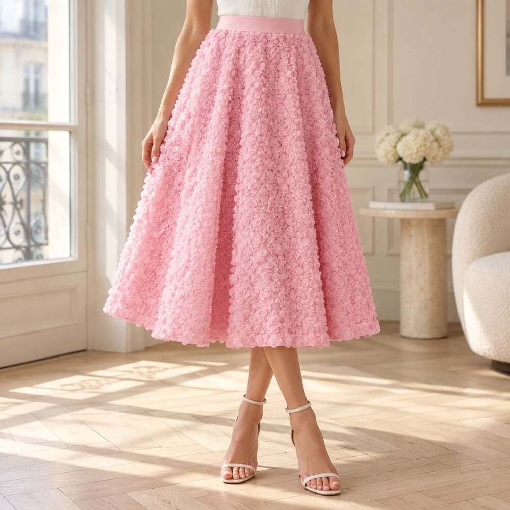 Cato Collection Rose Midi Skirt Size L Pink 3D Flower A-Line